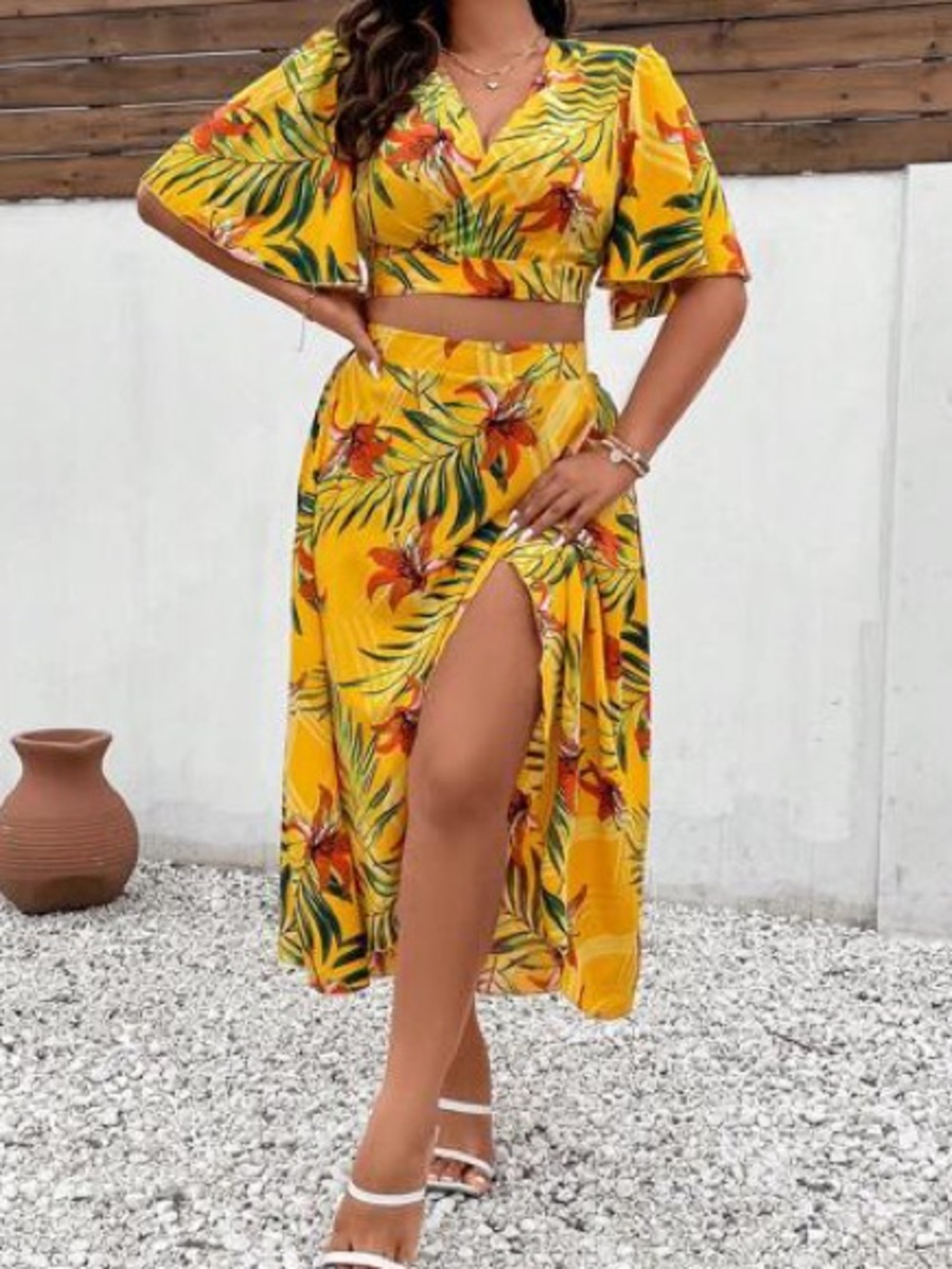 Tropical Yellow Floral Two-Piece Maxi Set
